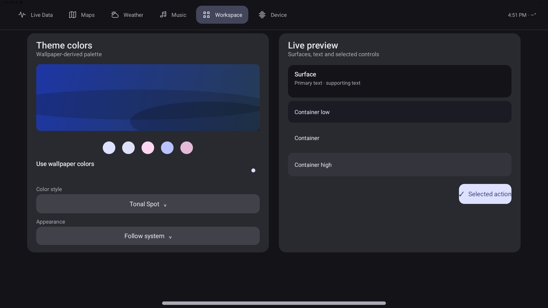Theme colours and live preview on the Dynamic Dash device